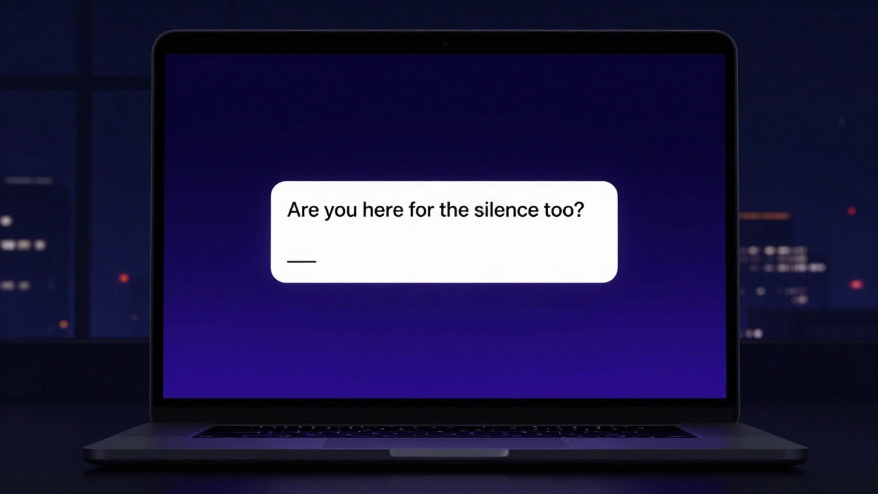 A dark laptop screen displays a private encrypted message asking if someone is there for silence, city lights glowing behind.