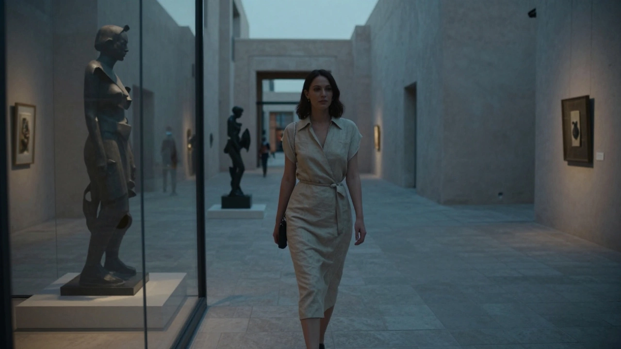 A woman walks alone through an art gallery in Alserkal Avenue at twilight, surrounded by abstract sculptures and dim lighting.