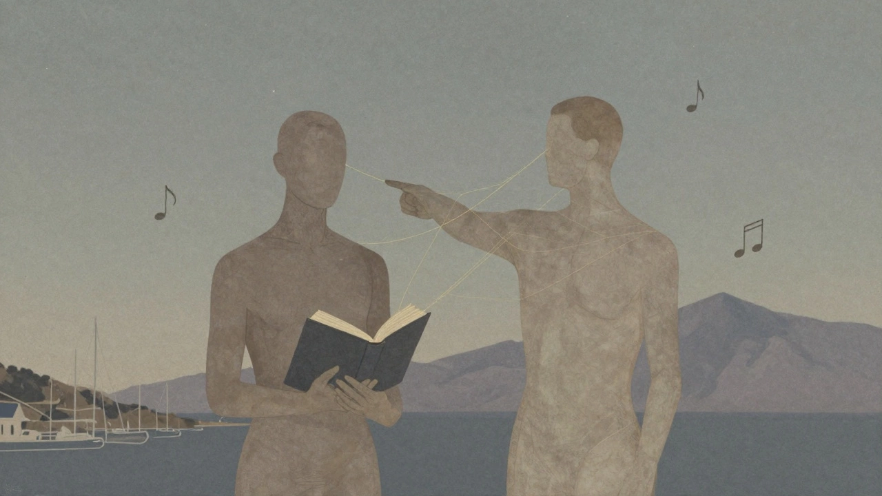 Abstract figures under a starry sky, connected by golden threads of shared moments.