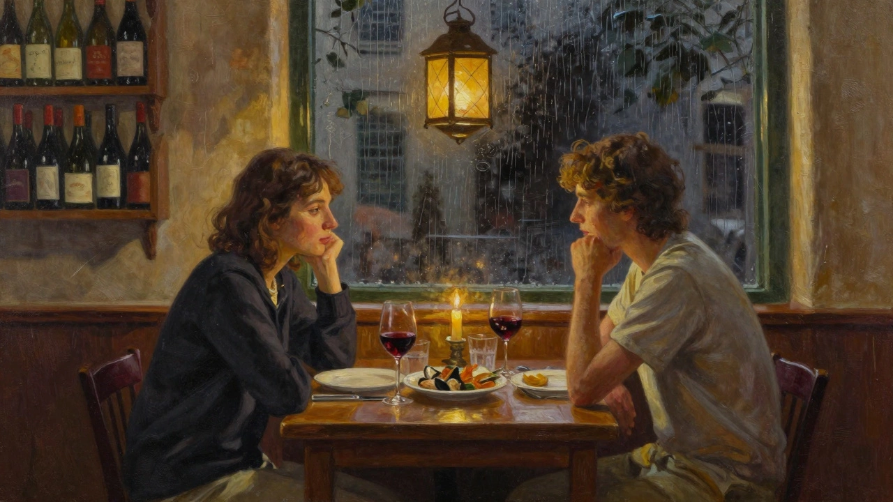 Two people share a quiet candlelit dinner in a cozy Corsican wine bar.